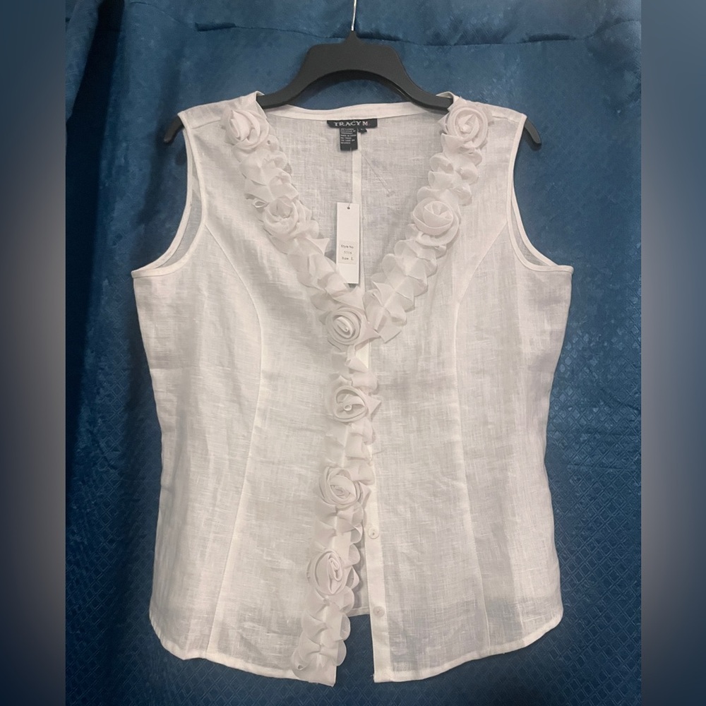 White Sleeveless Blouse with Floral Trim